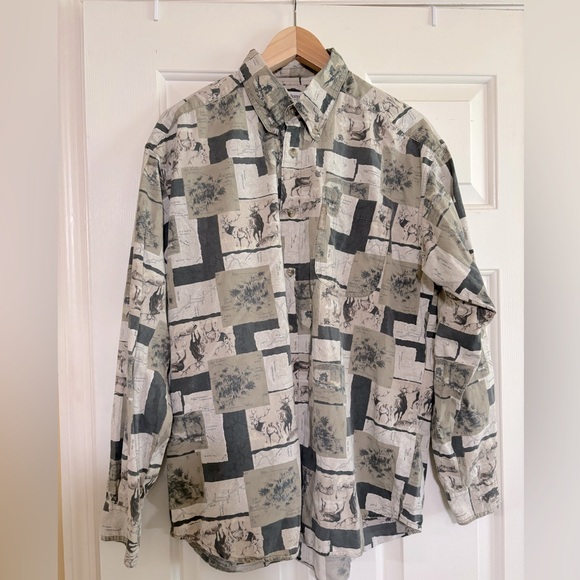 Vintage 90s Y2K Columbia Patchwork Graphic Deer Long-Sleeve Button-Down Shirt - Picture 1 of 15